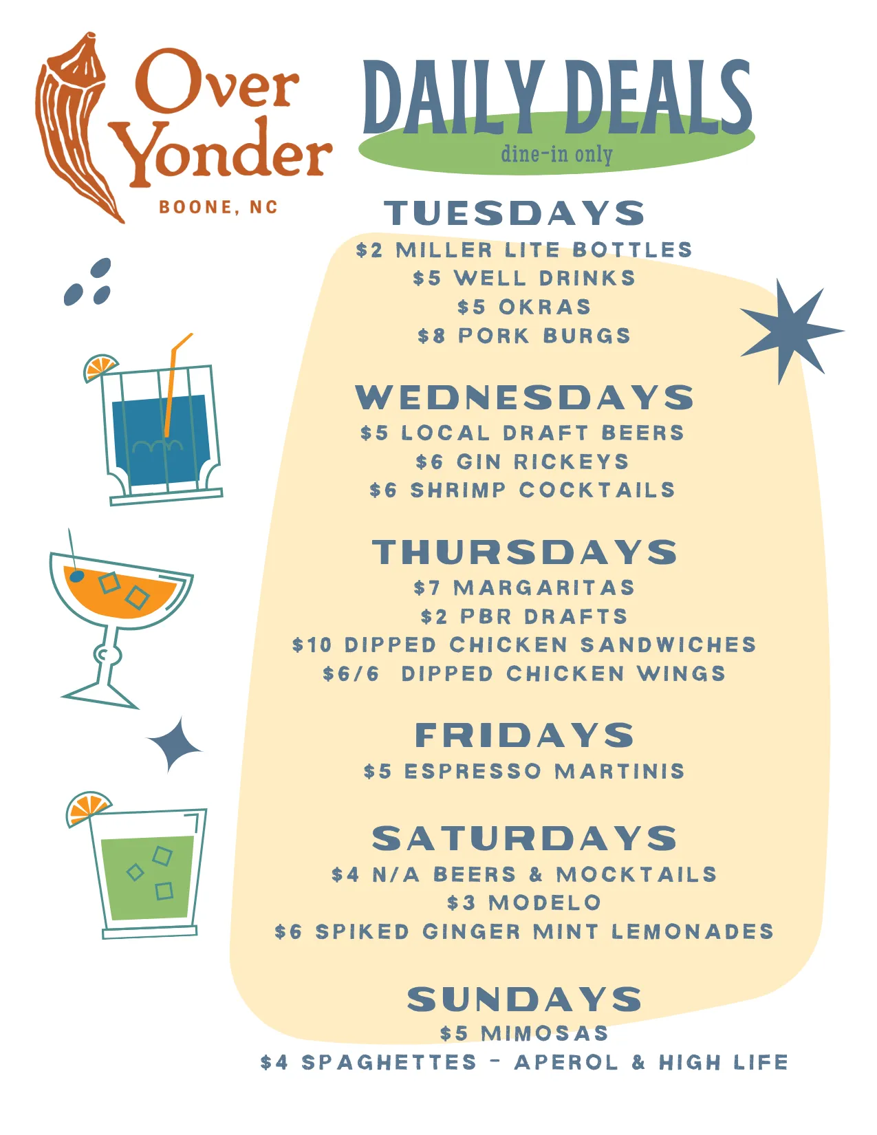 Over Yonder daily deals flyer: drink and food specials Tuesday through Sunday