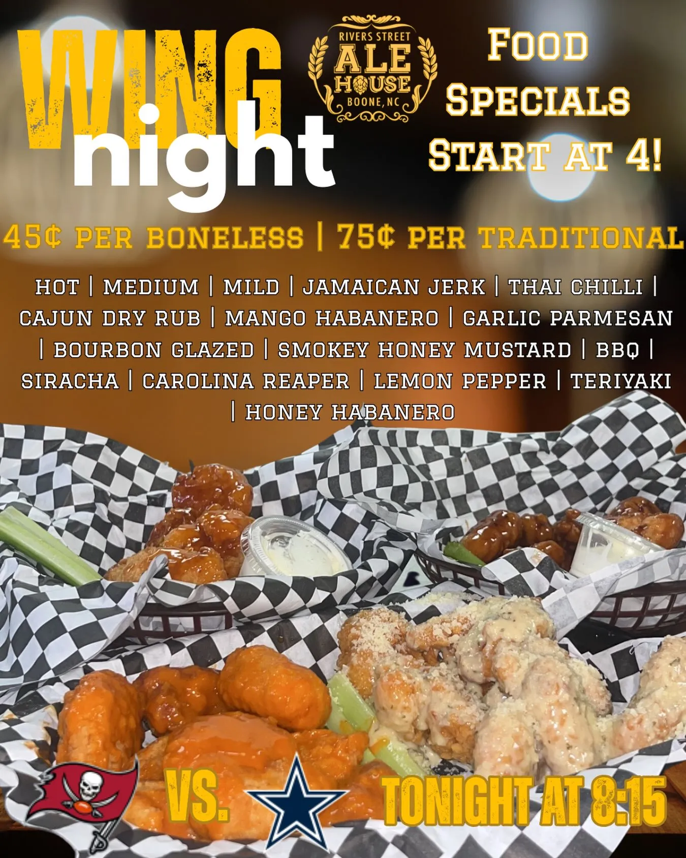 Rivers Street Ale House Wing Night promo: wing baskets with prices and flavors