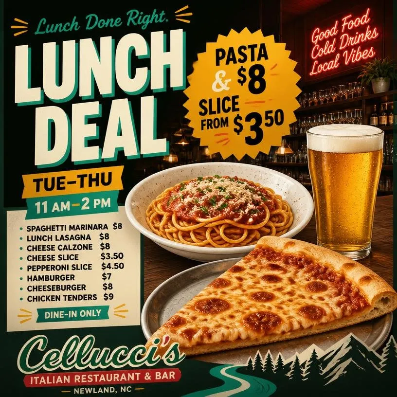 $8 Pasta & $3.50 Slice Lunch Tue-Thu