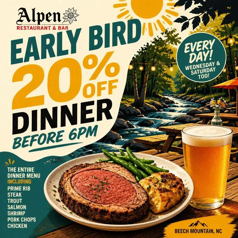 Early Bird - 20% Off Dinner Before 6pm