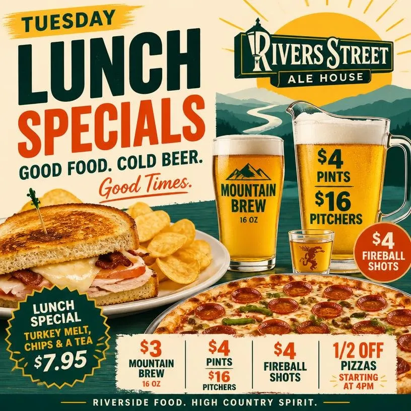 Lunch Special, Pizzas, Mountain Brew, Beer, Pitchers, Fireball Shots