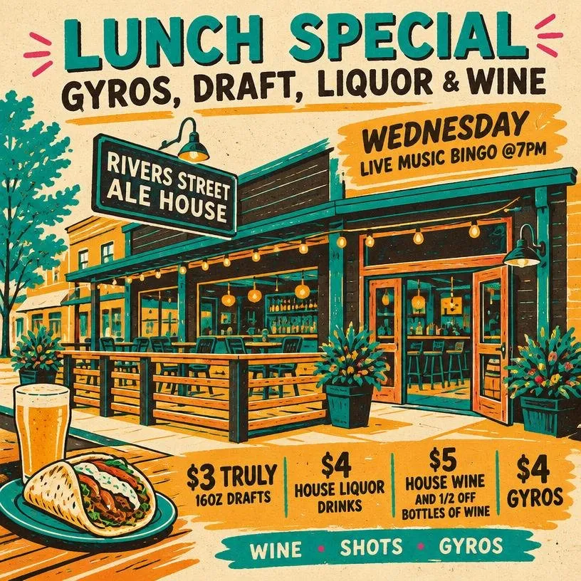 Wine Wednesday $5 wine and Music Bingo at Rivers Street Ale House